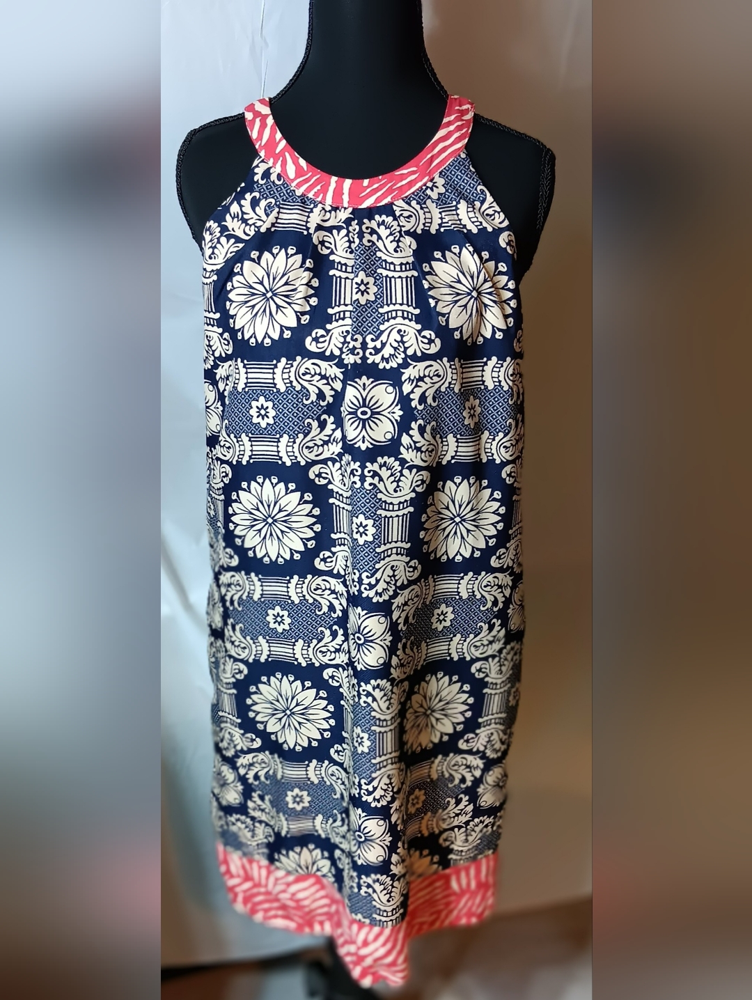 Thml Anthropologies Women's M Haltwr Neck Dress-Navy/Red/Cream Floral/Geometric